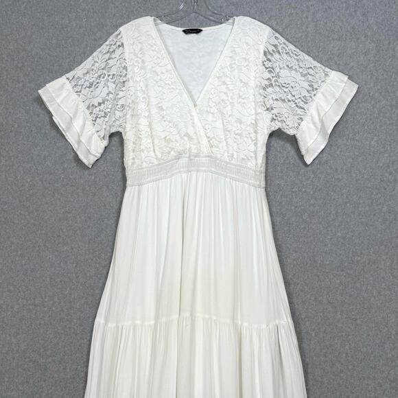 Simplee Lace Maxi Dress Size L SS V Neck Lined Destination Beach Wedding Bridal - Picture 4 of 16